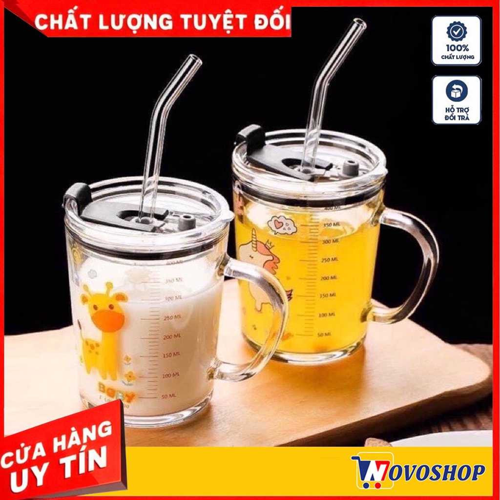 Cốc pha sữa thuỷ tinh chia vạch có nắp và ống hút