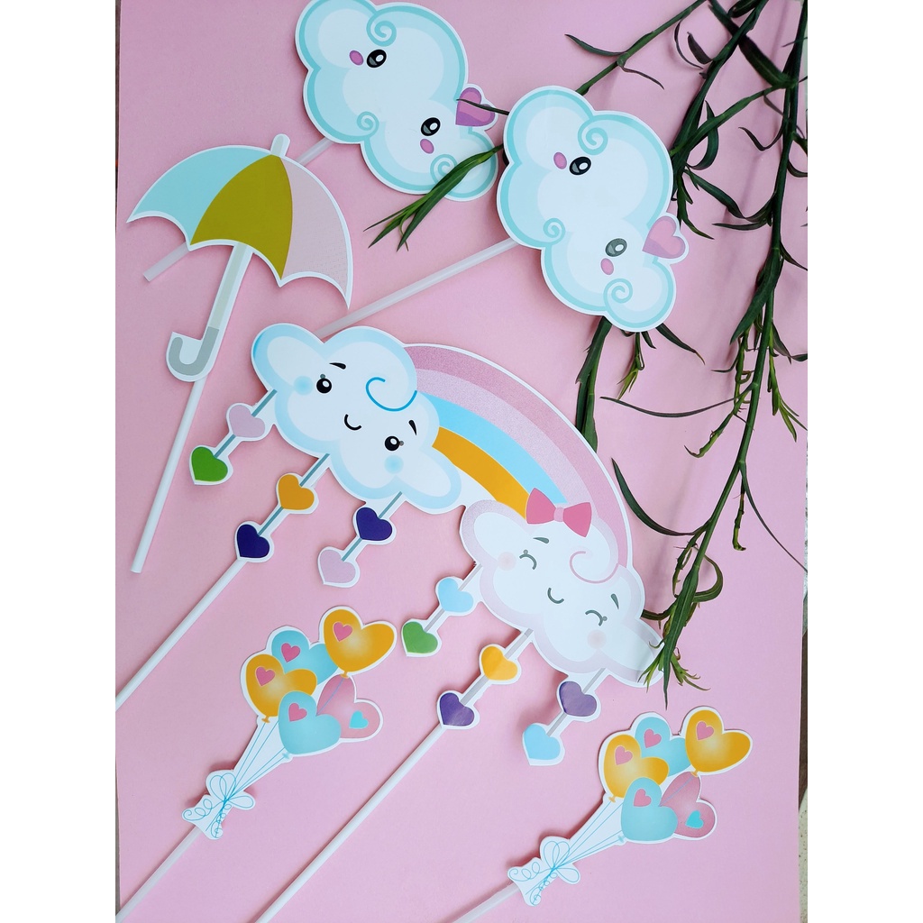 que cắm bánh kem [FREESHIP] set cắm giấy mây cầu vồng mưa