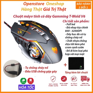 Chuột game t-wolf v6 pro full led, chuột máy tính có dây gamming siêu nhạy 800 - 3200dpi, đế di kim loại- bh 12 tháng