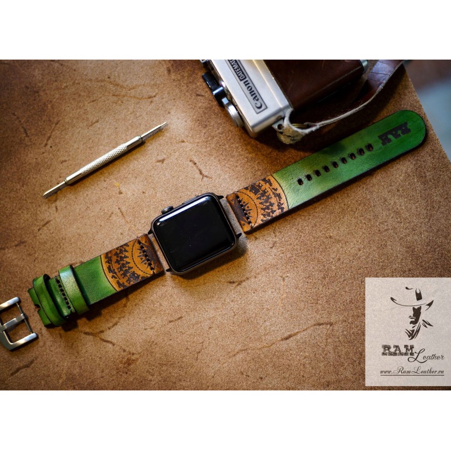 Dây đồng hồ Apple Watch , Iwatch , Iphone Watch Trống Đồng Vegtan Italia Da Bò Xanh Lá RAM Leather Simple Green  Bền Đẹp