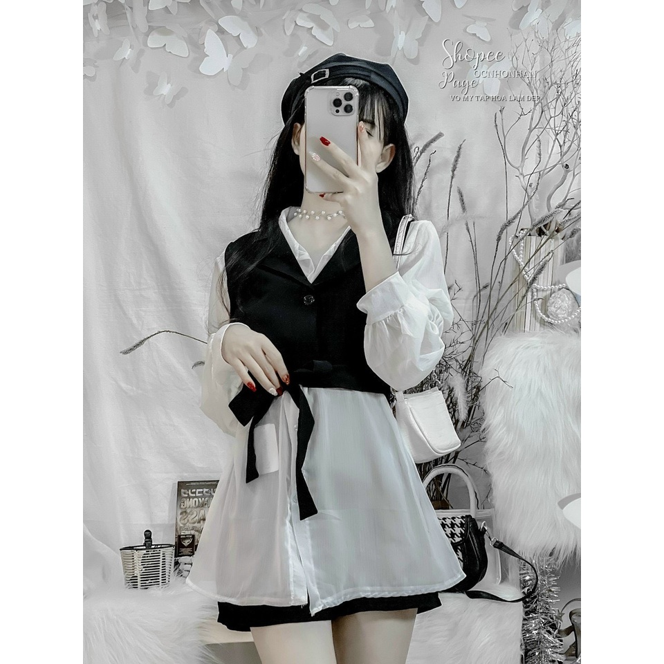 Sơ mi phối vest cột eo,Sơ Mi kiểu phối vest cá tính,LY STORE