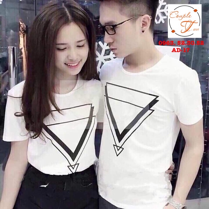 Áo Cặp Áo Đôi Nam Nữ Màu Trắng In Hình Tam Giác Ngược AD-17