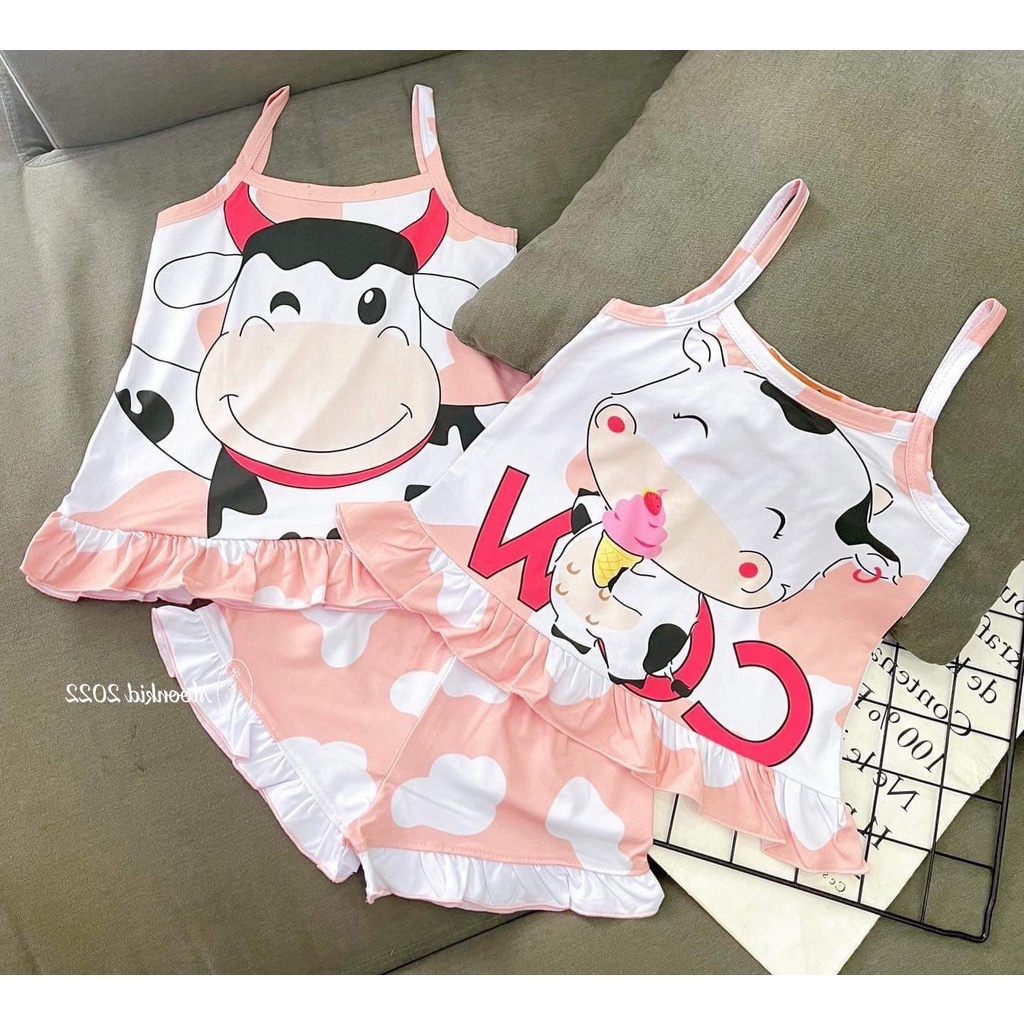 Bộ thun lạnh 2 bánh bèo dây in 3D công chúa, mèo kitty cho bé gái 8-20kg