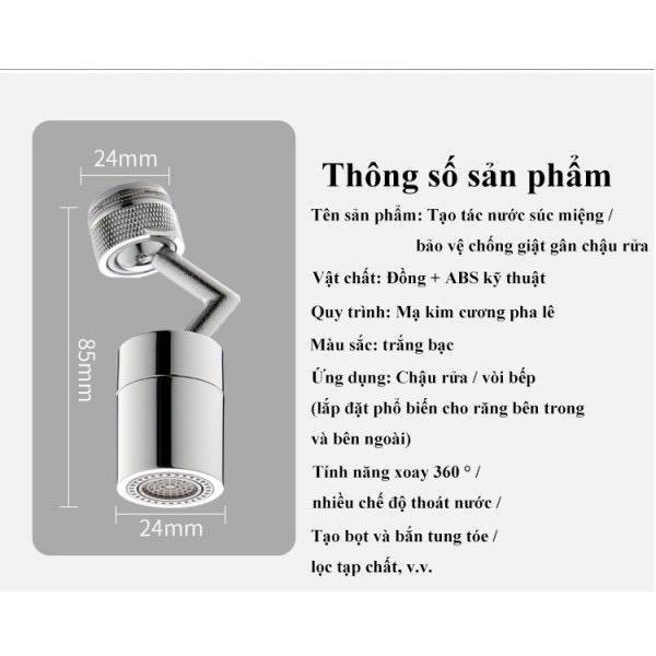 Đầu nối vòi nước thông minh xoay 720 độ lắp vòi nước chậu rửa bát chén lavabo với 2 chế độ nước chảy