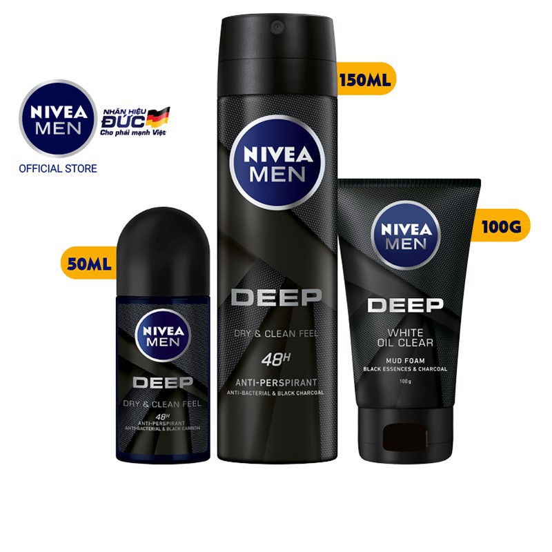 Bộ 3 NIVEA MEN Deep than đen hoạt tính (Xịt khử mùi 150ml + Lăn khử mùi 50ml + Sữa rửa mặt 100g)