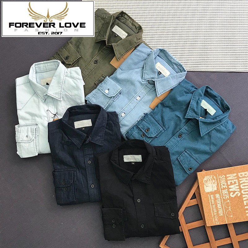 Áo sơ mi denim nam tay dài phối túi cao cấp - SB167