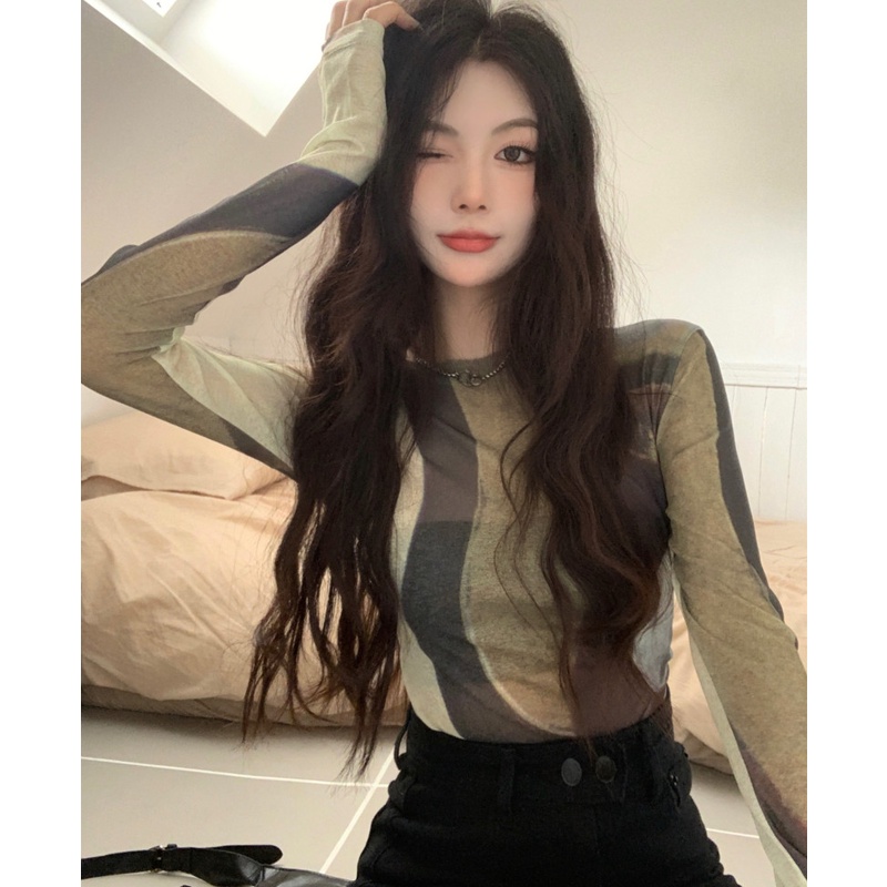 Áo Thun Tay Dài Dáng Ôm Màu Sắc Tương Phản Trẻ Trung Hợp Thời Trang