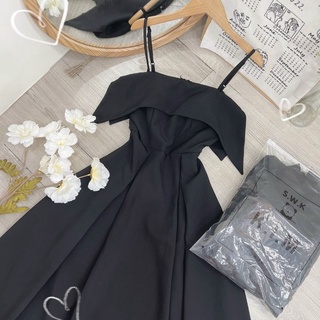 ĐẦM MIDI ĐEN 2 DÂY XẾP LI XOÈ CÚP NGỰC
