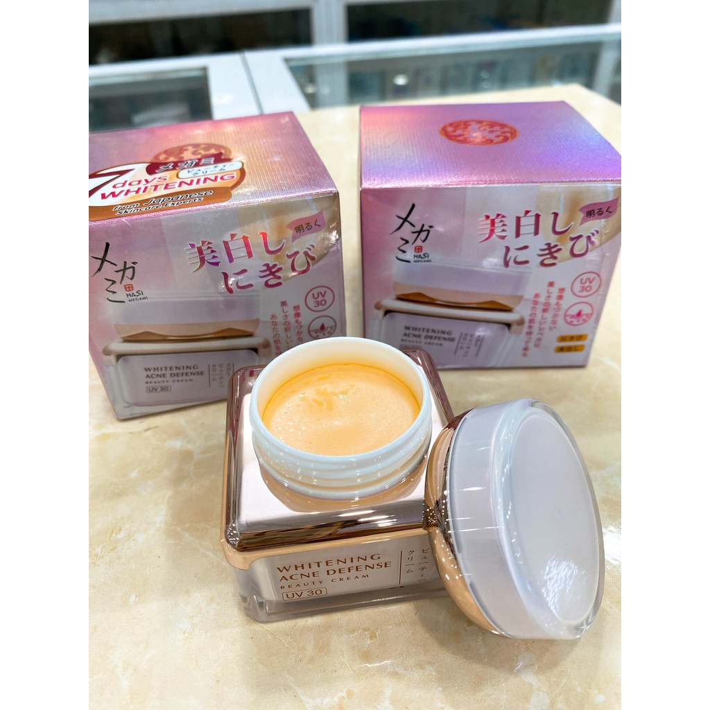 Kem Dưỡng Trắng Da Mờ Thâm Mụn HASI Megami Thảo Dược Whitening Acne Defense UV30 28g