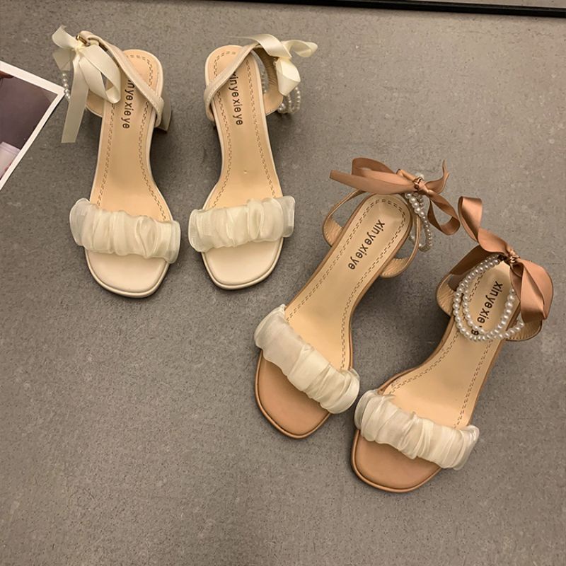 Giày cao gót voan nhũ thắt nơ sang chảnh đế vuông cao 9cm cd45