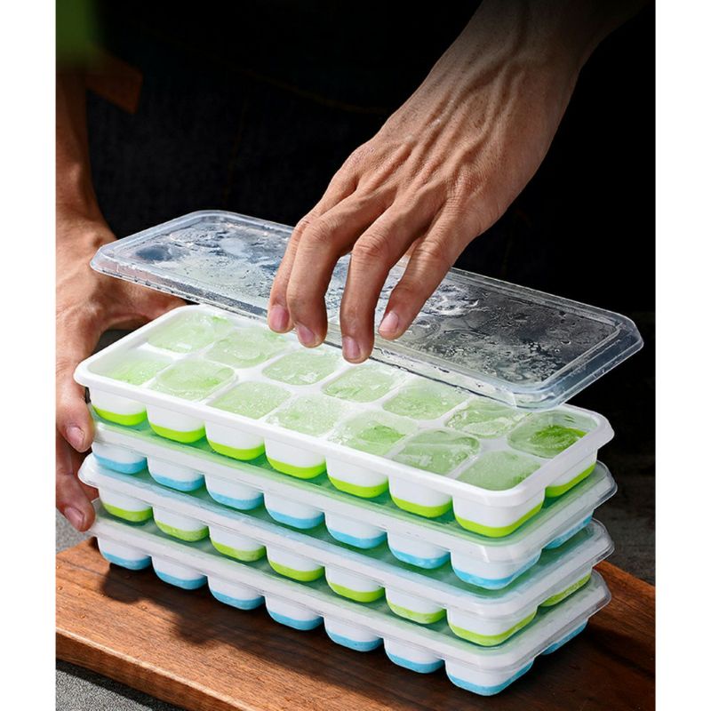 Khay Trữ Đông Đồ Ăn Dặm Đáy Bằng Silicon, Khay Làm Đá Viên Cực Kì Dễ Lấy có nắp