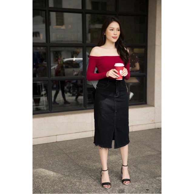 Nhập WAMS8 giảm 15%_ [CÒN ĐEN] Chân váy jean dài co dãn mạnh xẻ tà sau (ảnh thật)