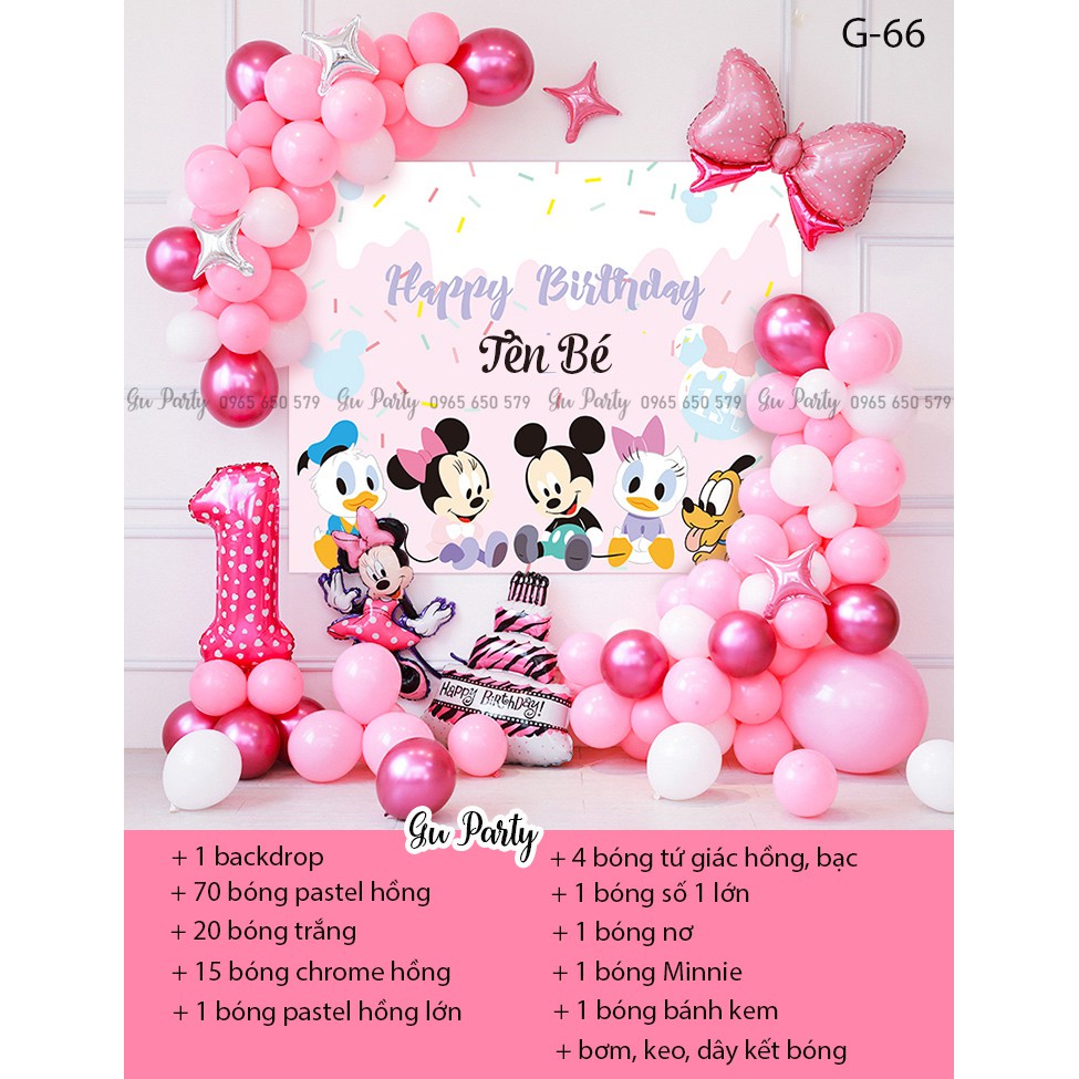 Set Bóng Sinh Nhật Bé Gái Chủ Đề Chuột Minnie Hồng