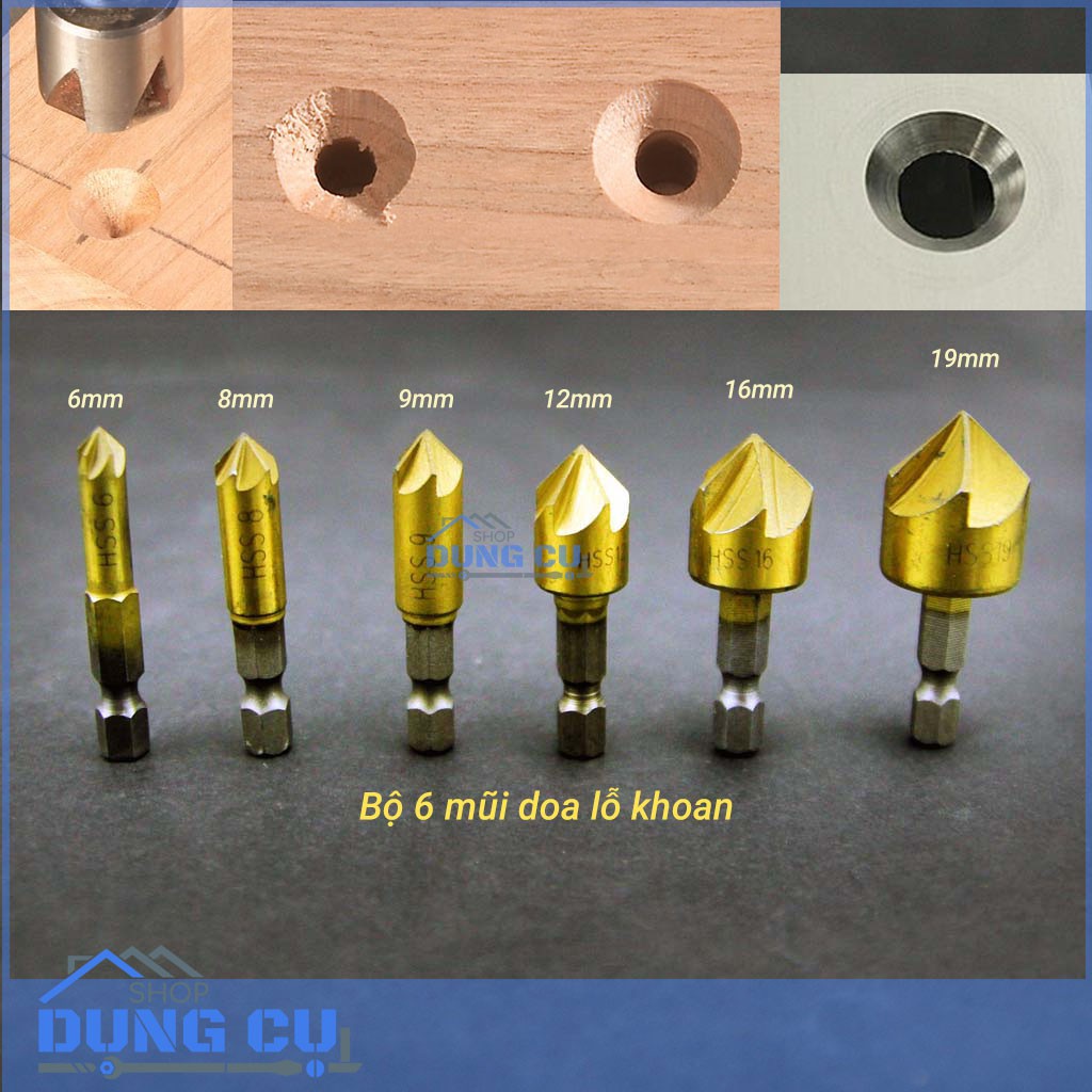 Bộ 6 mũi doa miệng lỗ gỗ bắt âm mũ vít 5 lưỡi phay phủ titan 6-19mm (chuôi lục)