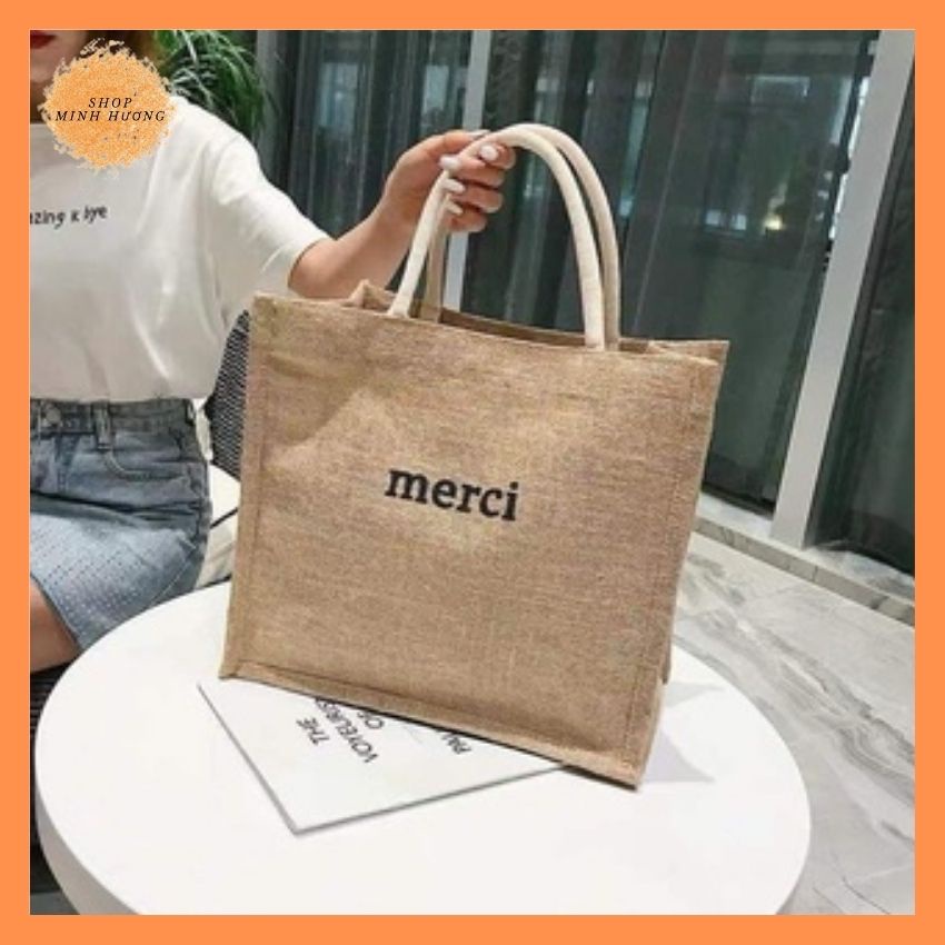 Túi Cói Đi Du Lịch Merci Sang Chảnh,Túi Cói Đi Biển- Có Lót và Khóa Kéo Bên