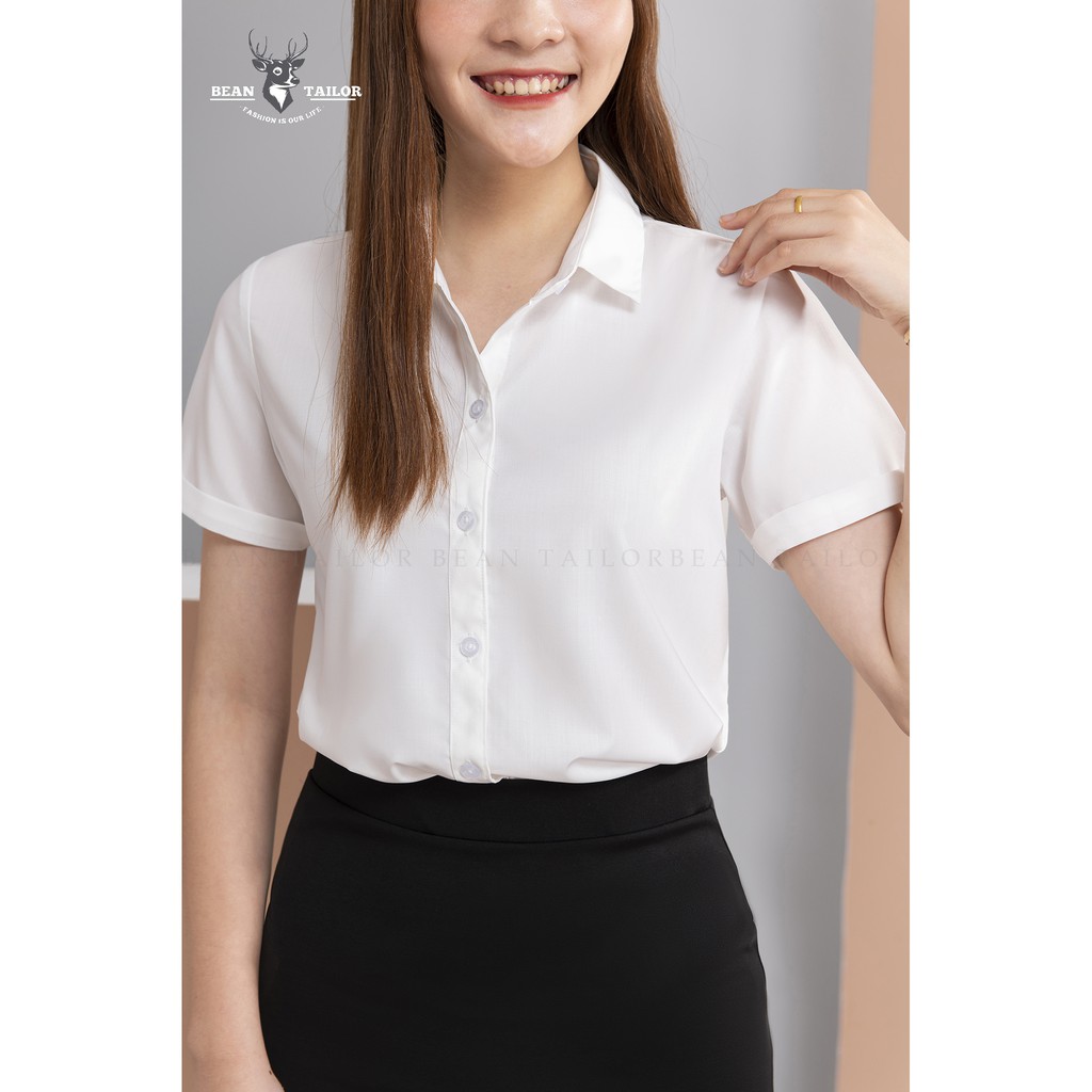 Áo sơ mi nữ BEAN TAILOR SHEIN dáng suông, chất vải mềm mịn, thoáng mát- áo sơ mi nữ ngắn tay màu trắng cao cấp NUNNGAN01