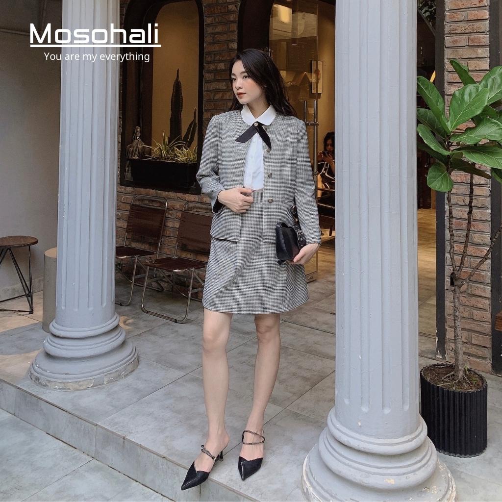 Set vest nữ Mosohali kẻ không cổ set blazer nữ Aya thời trang thiết kế công sở (áo blazer + chân váy) | BigBuy360 - bigbuy360.vn