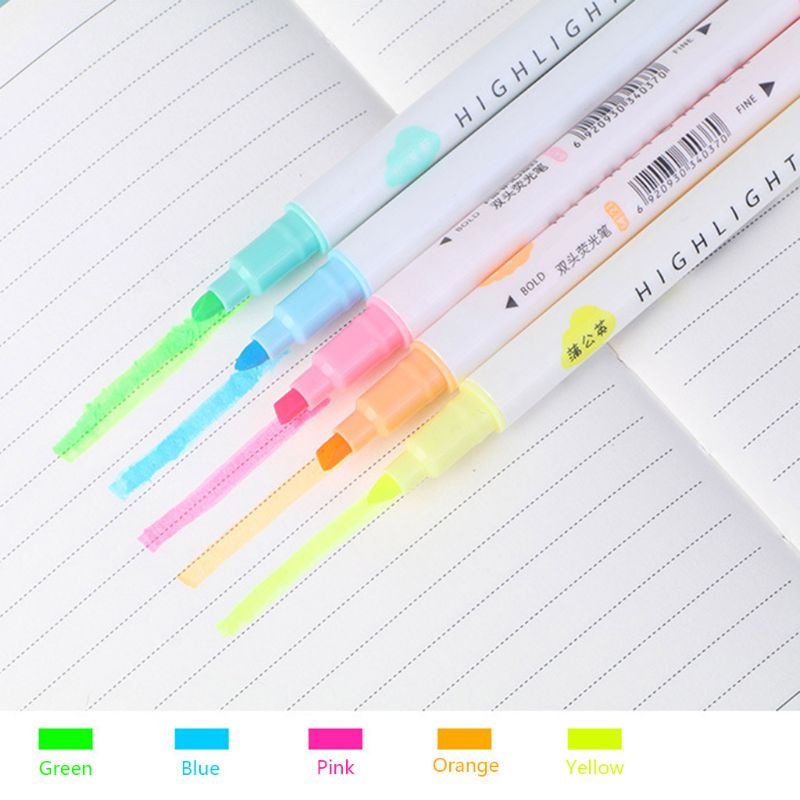 Set 5 bút dạ quang màu sắc kẹo ngọt thiết kế hai đầu tiện dụng