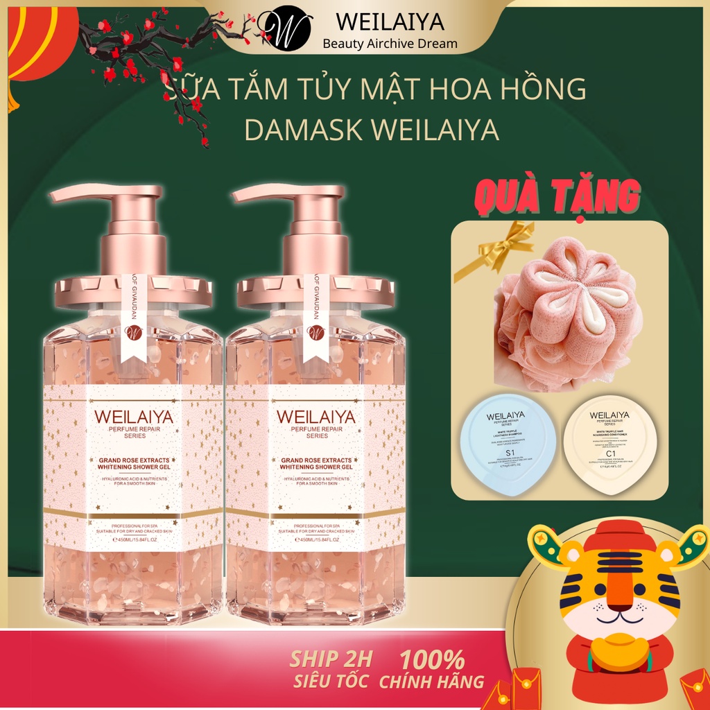 Combo 2 chai sữa tắm trắng da cánh hoa hồng Damask Weilaiya, sữa tắm tủy mật hoa hồng.Tặng bông tắm và 2 set mini ph