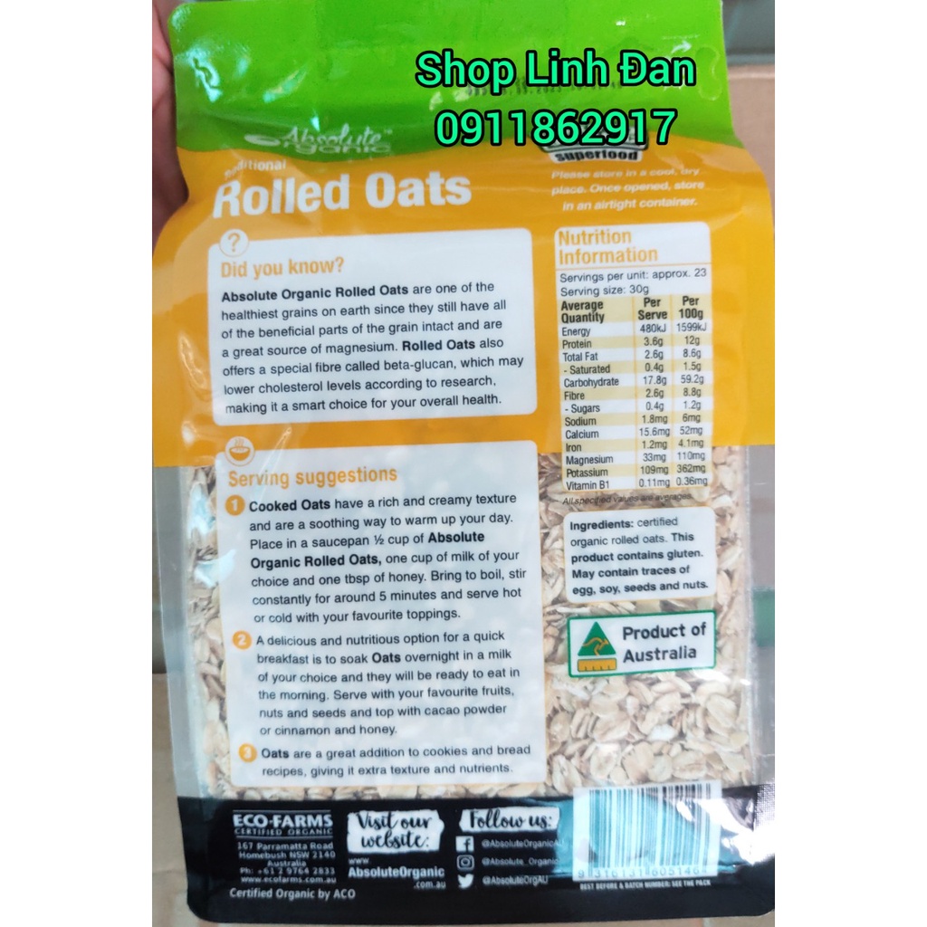 (2023) YẾN MẠCH ÚC ABSOLUTE ORGANIC ROLLED OATS, mới, thơm, ngon