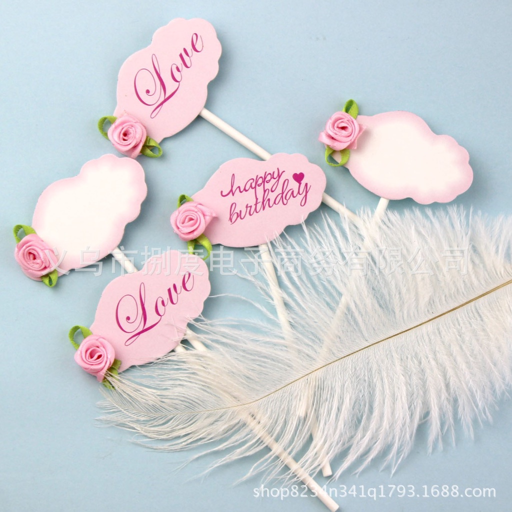 Phụ kiện trang trí bánh sinh nhật bánh kem - Set 3 thẻ cắm mây hoa hồng love