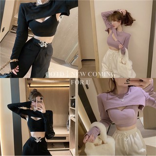 Set croptop áo 2 dây phối áo khoác lửng dài tay cá tính, trẻ trung