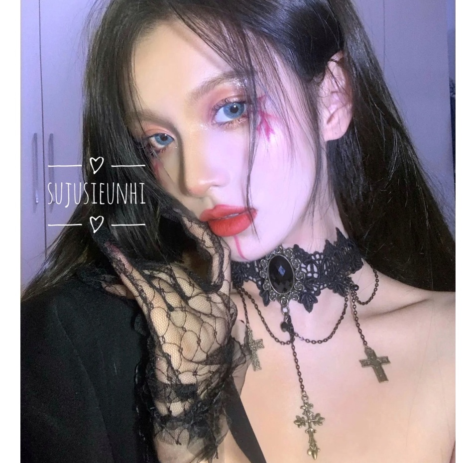 (có video) Vòng cổ choker Gothic lolita 3 chữ thập đen