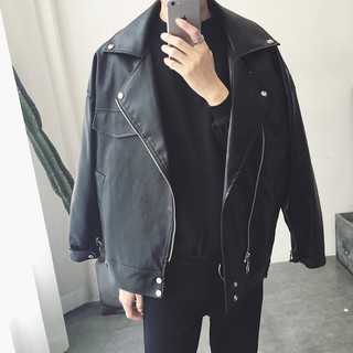 (ORDER) Áo jacket da đen khoá tròn form rộng