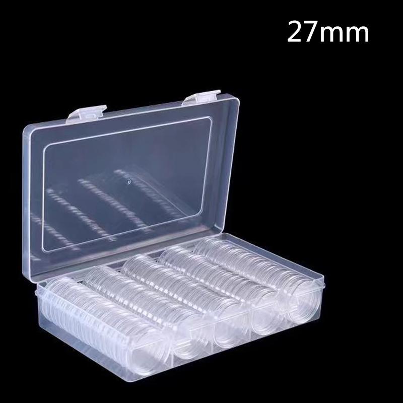 100pcs 27mm Plastic Clear Round Cases Coin Storage Capsules Holder Container+Box