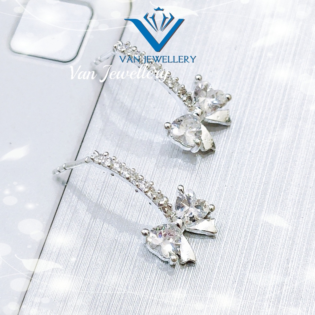 Bông tai bạc bông Nơ full đá trắng Van Jewelry V10126 lung linh dễ thương