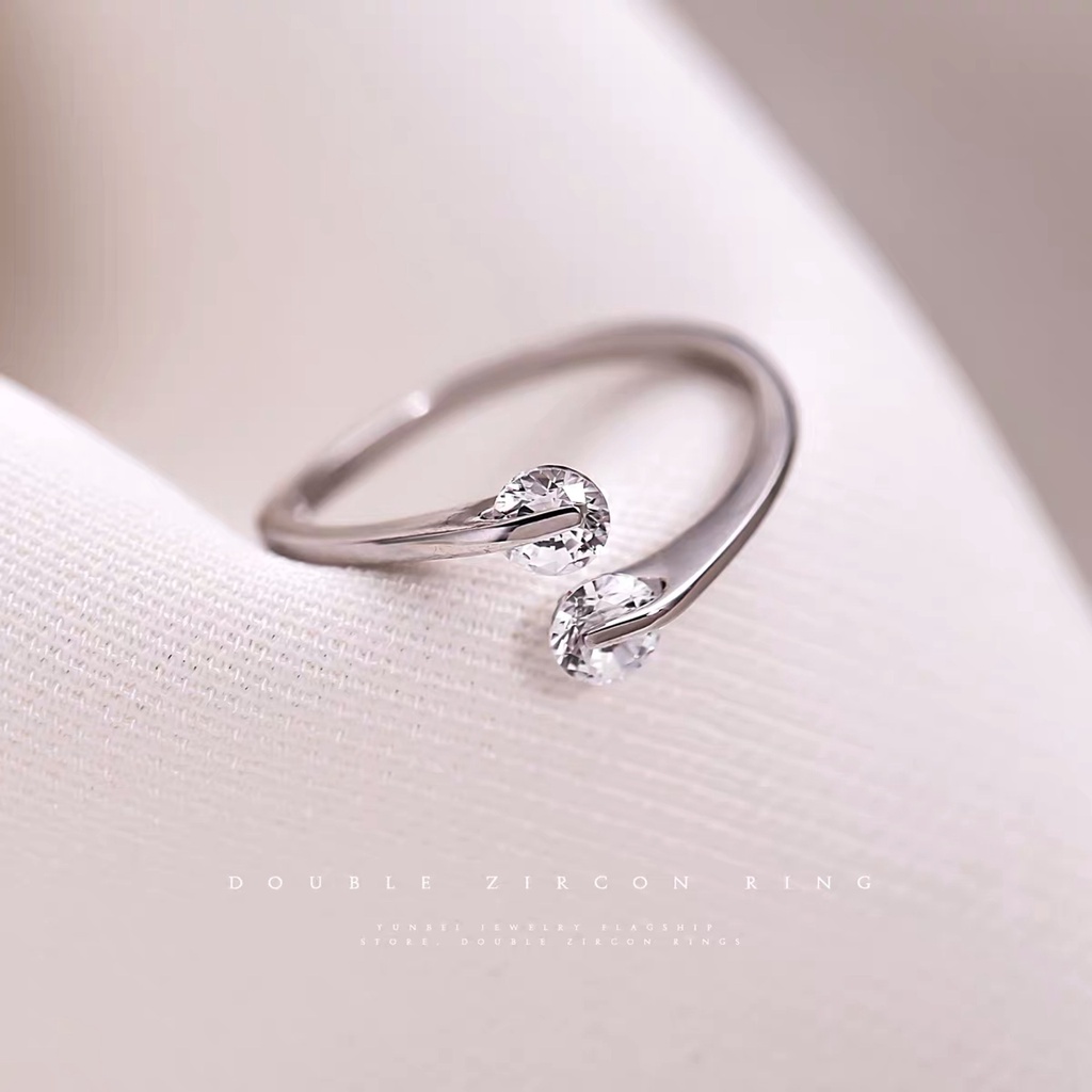925 Silver Double Diamond Ring Open Ring Adjustable Size Simple Korean Style Ring Women Fashion Ring