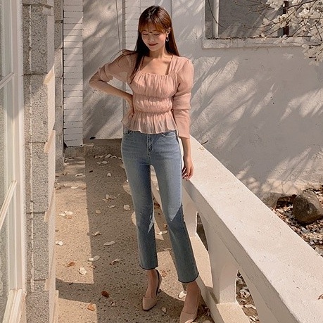 Áo Kiểu Tay Dài Cổ Vuông Chiết Eo Trong Suốt Thời Trang Mùa Thu Xinh Xắn Cho Nữ