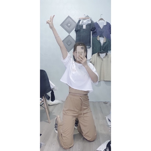 Set đồ quần ống rộng dáng suông nữ, áo phông croptop và áo thun hai dây chất liệu cotton thun thoáng mát thời trang