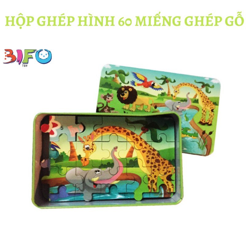 Bộ đồ chơi hộp sắt 60 miếng ghép gỗ để bé thỏa sức sáng tạo