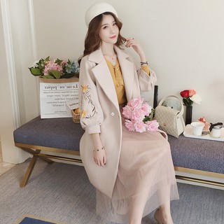 Áo khoác nữ, tay bồng, dáng dài, thắt eo, thêu hoa, ôm sát, chất liệu dạ, phong cách Hàn Quốc(có video quay sp)