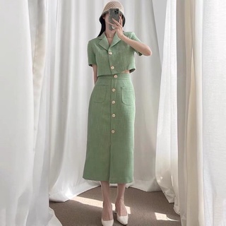 Set áo dạ croptop chân váy dạ dài sang trọng thanh lịch