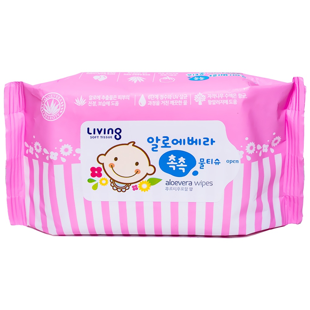 Khăn Ướt Living Aloe Vera Chok Chok Mềm Mại, Không Xơ Bông, An Toàn Cho Da Hàn Quốc
