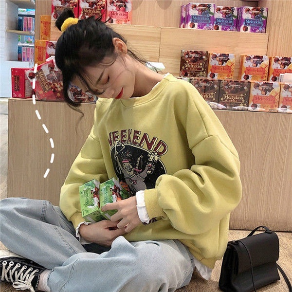 COZOK Áo sweater tay dài dáng rộng in họa tiết thời trang Hàn Quốc