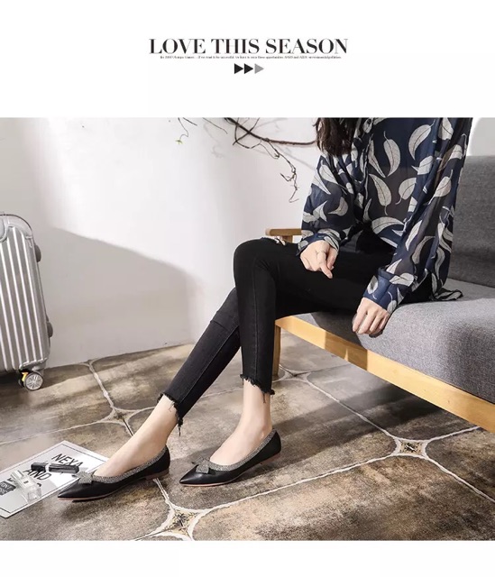 Giầy búp bê mũi nhọn viền nơ kim sa lấp lánh | BigBuy360 - bigbuy360.vn