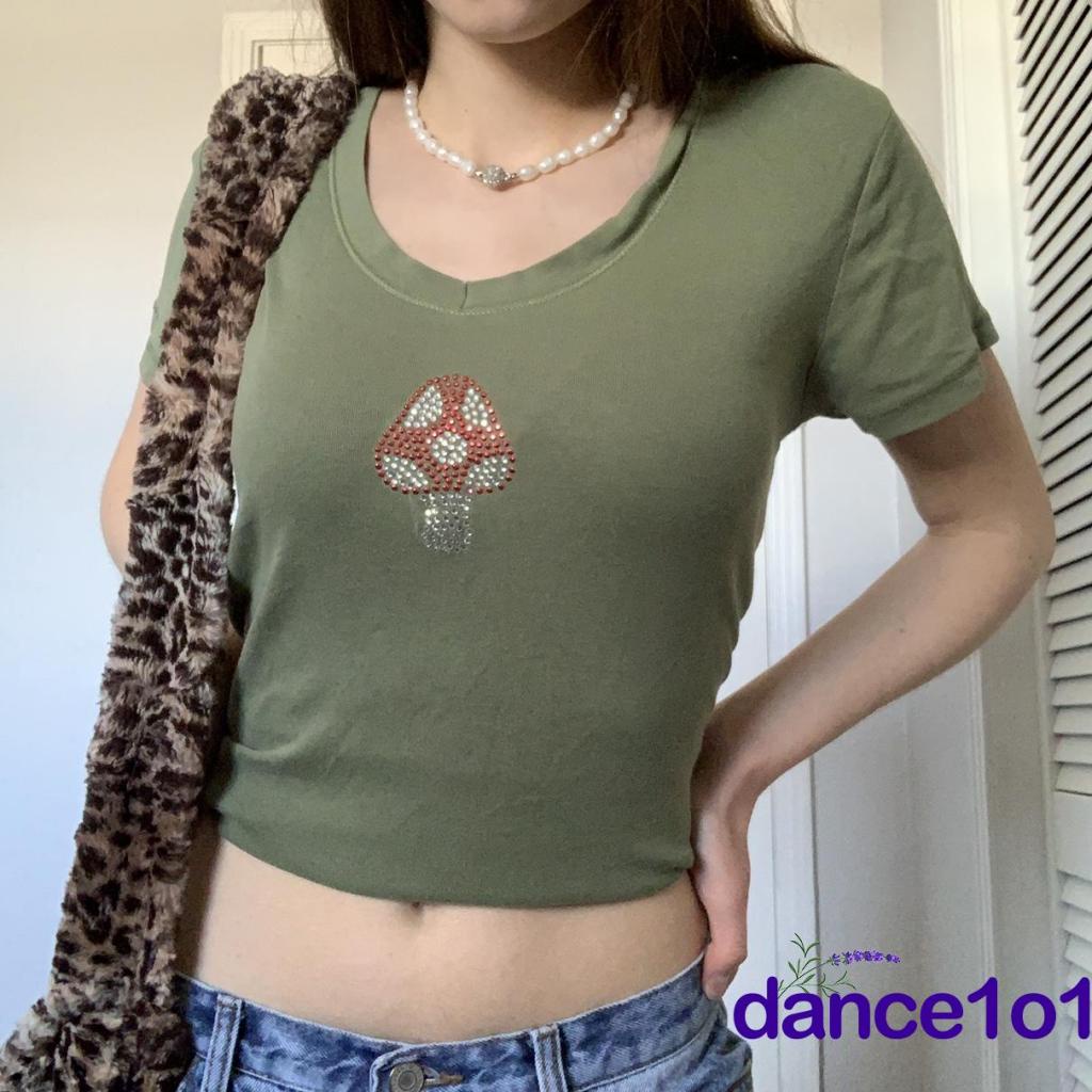 Áo thun ngắn tay cổ chữ V đính đá hình nấm thời trang cho nữ