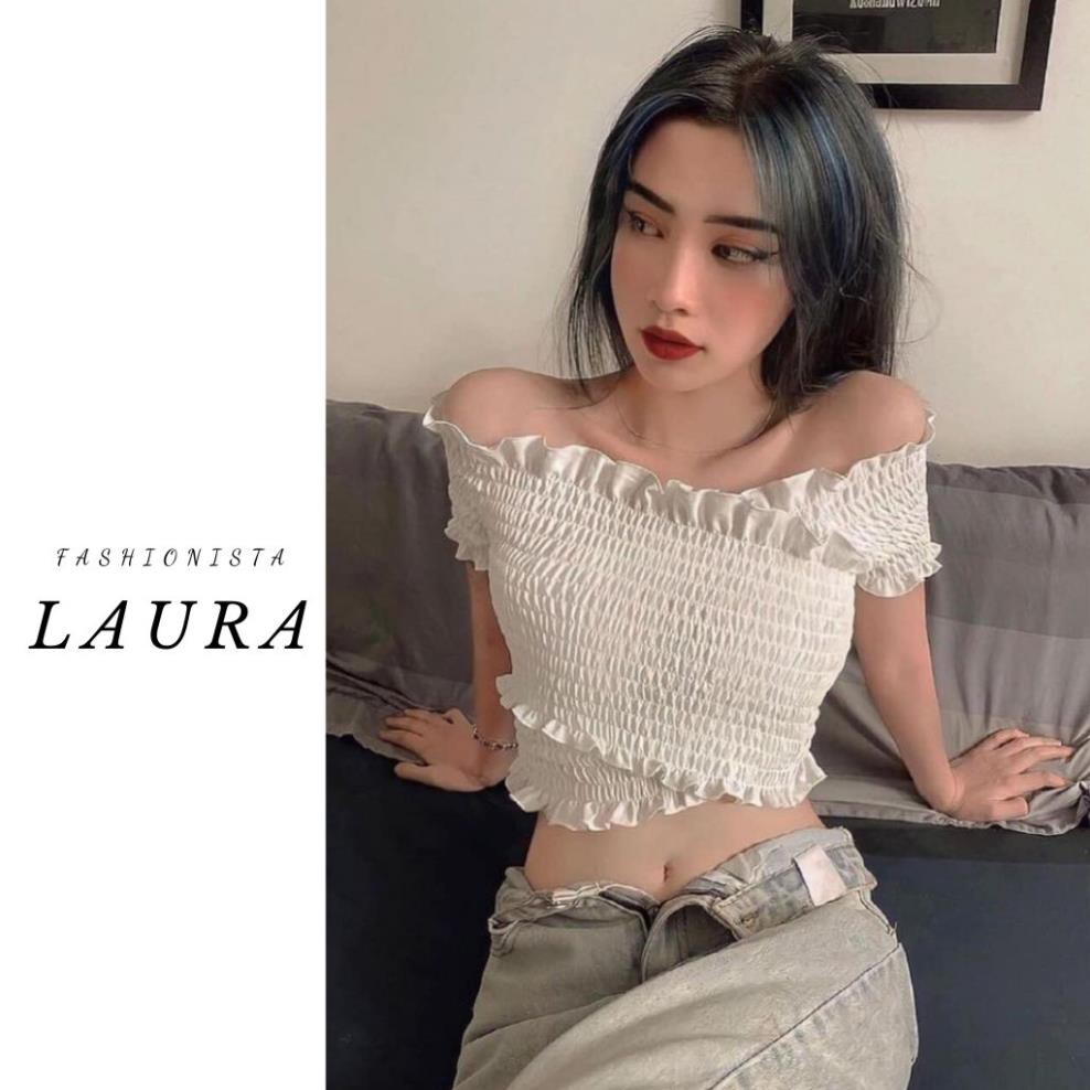 Áo trễ vai tiểu thư bánh bèo Laura Boutique - Áo trễ vai viền bèo vải nhún kiểu dáng croptop co dãn 4 chiều  ྇