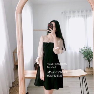 VÁY DÁNG A MÀU ĐEN PHỐI CỔ NÂU BE TAY NƠ ĐIỆU ĐÀ