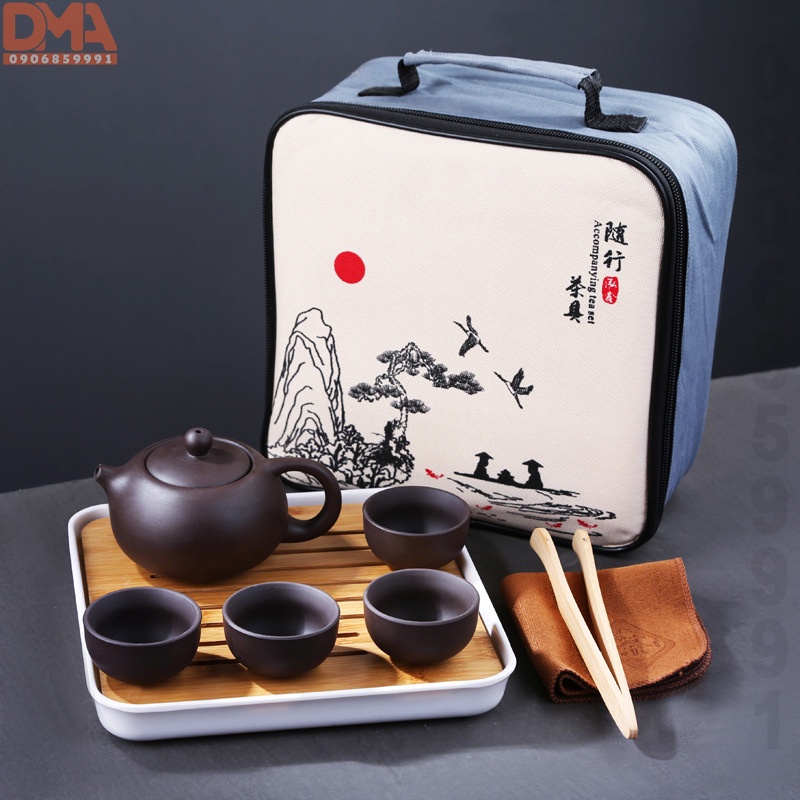 Bộ set ấm trà đạo đất tử sa đi du lịch dã ngoại kèm khay