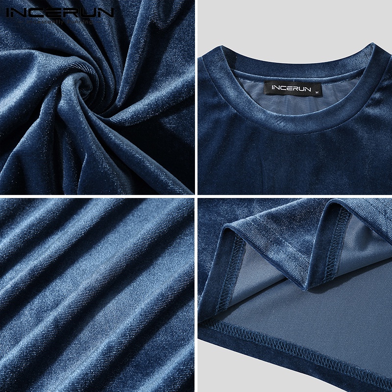 Áo nhung nam INCERUN rộng rãi màu trơn cổ tròn tay ngắn