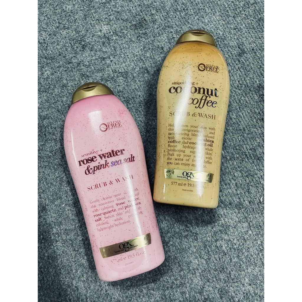[ Ogx ] - Sữa tắm tẩy tế bào chết chiết xuất từ bã cafe và sữa dừa/  muối hồng và hoa hồng - SCRUB