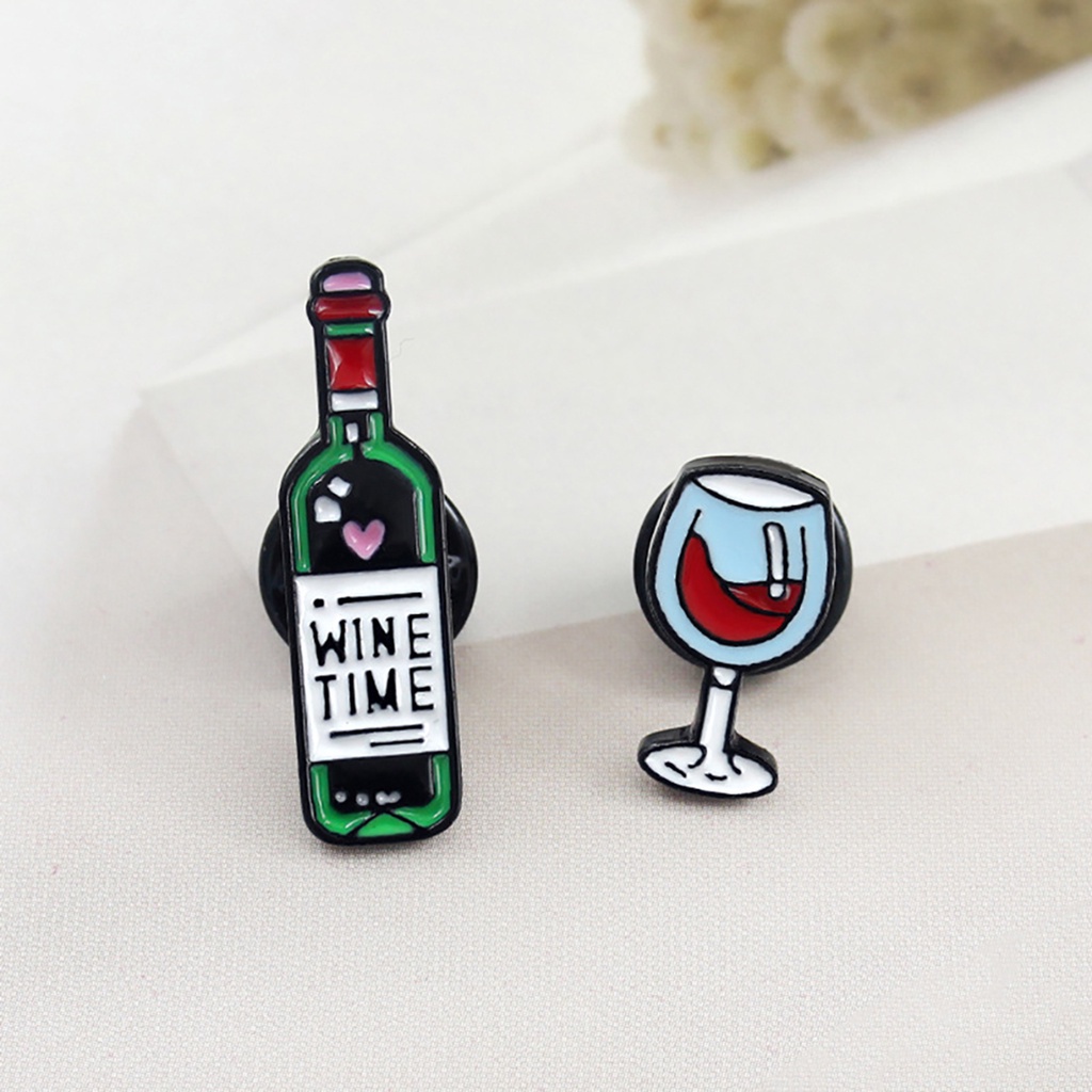 Huy hiệu cài áo hình ly rượu/ chai rượu vang họa tiết chữ cái Tiếng Anh &quot;Wine Time&quot; thời trang