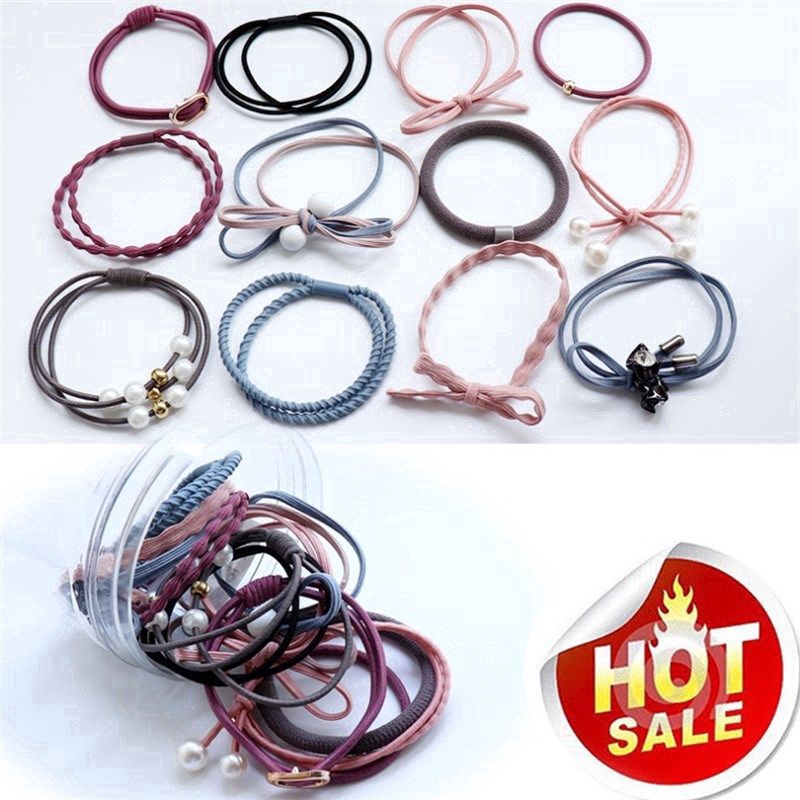 Bộ 12 dây cột tóc đính nơ co giãn cho nữ