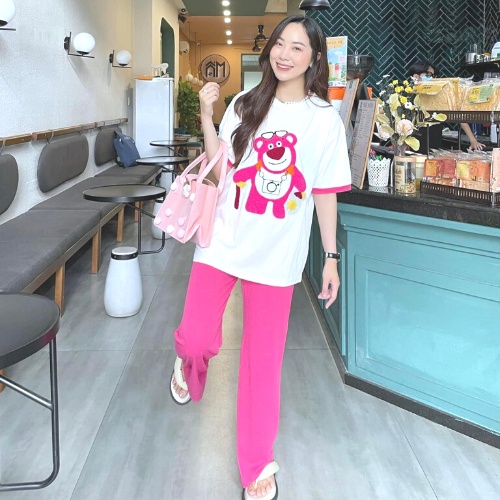 Đồ bộ nữ, set đồ bộ quần ống rộng đai cao thun gân tăm và áo thun cotton ngắn tay form rộng thêu gấu, đồ mặc ở nhà nữ
