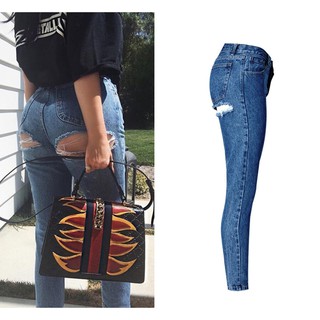 Quần jeans nữ lưng cao ống rộng rách gối thời trang