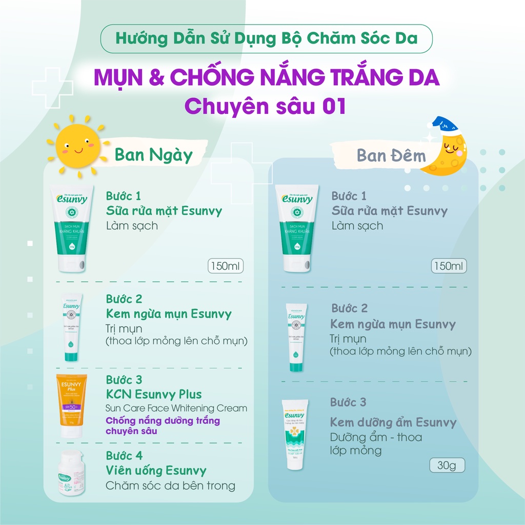 Bộ Chăm Sóc Da Mụn & Chống Nắng Trắng Da Chuyên Sâu Esunvy - Giúp Sạch Mụn, Hết Thâm, Mờ Sẹo, An Toàn, Hiệu Quả CSDMCNTD